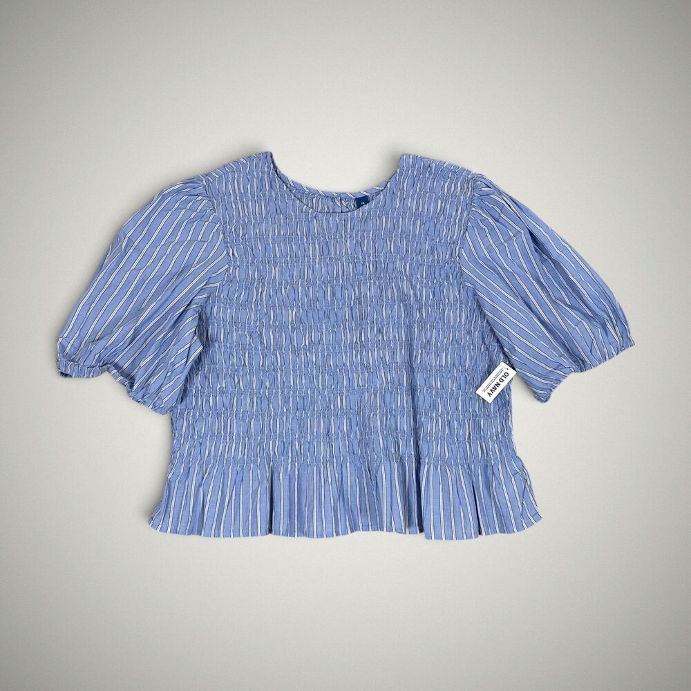 NWT Old Navy Puff Sleeve Top Blue Striped Peplum Smocked Boho Cottage Size 3X